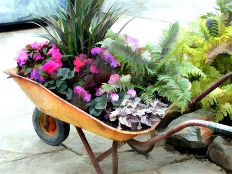 Mixed Garden Flowers And Ferns In A Wheelbarrow Painting