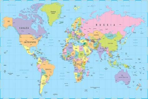 Colored World Map Borders Countries And Cities Illustration Prints