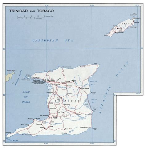 Большая детальная политическая карта Тринидада и Тобаго с дорогами