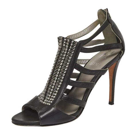Gina Black Leather Crystal Embellished Sandals Size 375 For Sale At 1stdibs