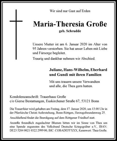 Traueranzeigen Von Maria Theresia Gro E Ga Trauer De