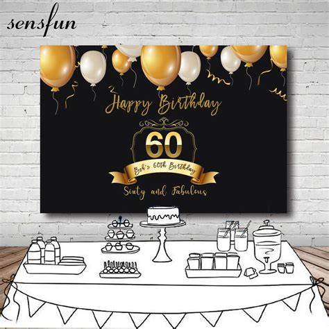 Sensfun Gold Happy 60th Birthday Party Backdrop Balloons Black Theme