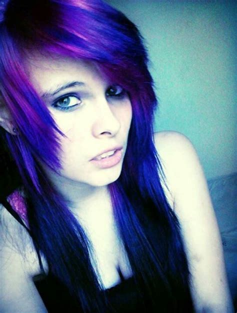 Emo Girl Purple And Blue Scene Hair Brown Eyes Goth Hair Girl With