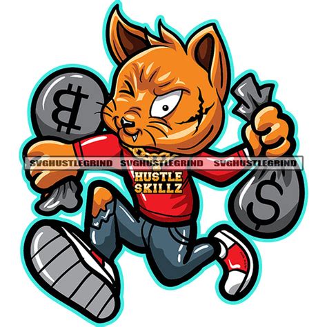 Gangster Cat Scarface Cartoon Character Running Cash Bags Evil Sarcast