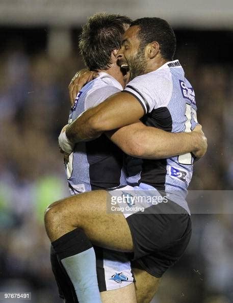 Paul Aiton Of The Sharks Celebrates Try By Luke Douglas Of The Sharks
