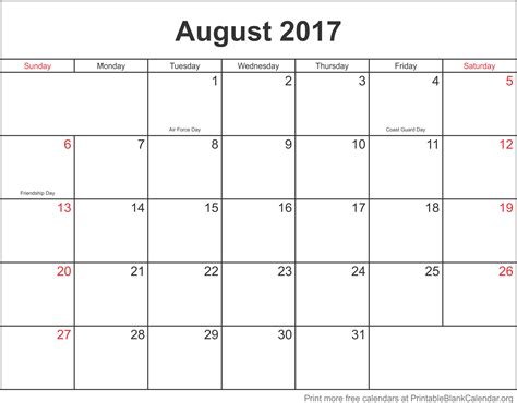 August 2017 Calandar Printable Blank
