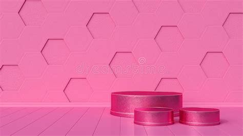 Empty Pink Room With Hexagonal Wall And Three Display Stands Stock
