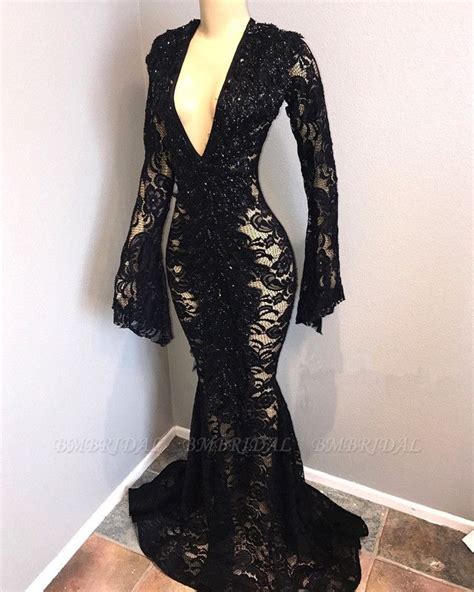 Bmbridal Long Sleeves Black Prom Dress Mermaid Lace Evening Party Gowns