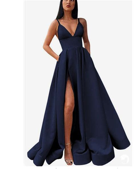 sexy high split satin a line v neck navy blue long gown formal dress w siaoryne