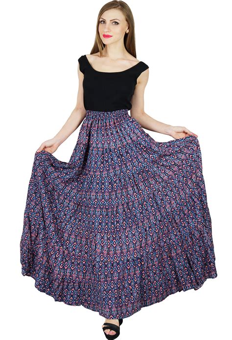 Bimba Women Long Maxi Printed Skirt Elastic Waist Flared Full Skirts