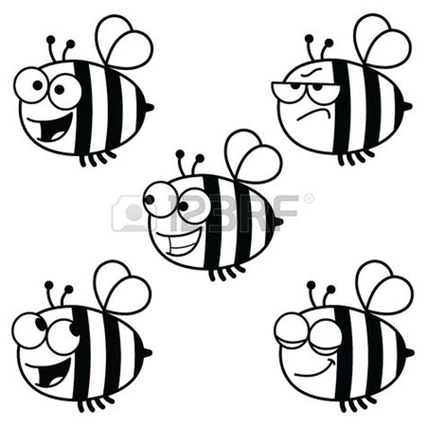 Black And White Cartoon Illustration Of A Set Of Bees In Various Moods