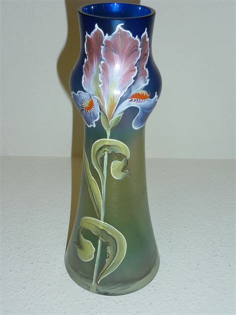 Green To Blue Glass Vase With Floral Enameled Lilies Poschinger Art Nouveau