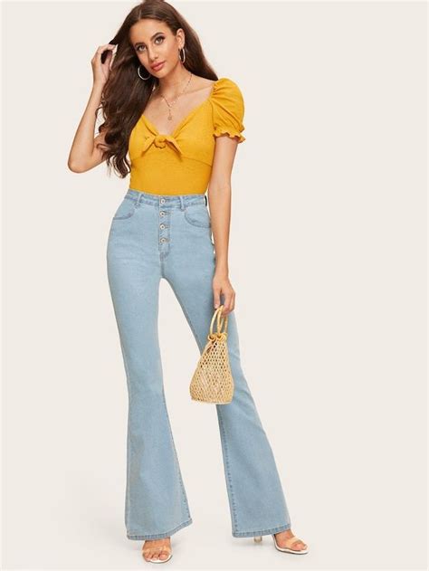 Shein High Waist Button Up Flare Hem Jeans Spring Outfits Casual Hem