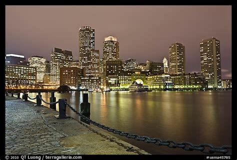 Picturephoto Night Skyline Above Harbor Boston Massachussets Usa