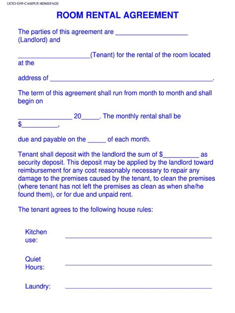 Free Printable Room Rental Agreement Pdf