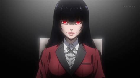 An Anime Character With Red Eyes And Long Black Hair Wearing A Red Jacket In Front Of A Dark