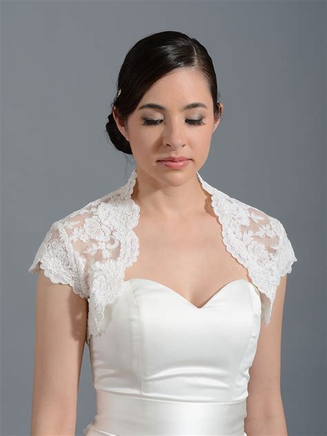 White long sleeve wedding bolero, bridal top ivory,tulle women jacket,scoop lace bolero,custom size denisefinds. Cap sleeve bridal alencon lace bolero jacket -- Lace_059