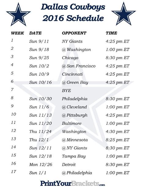 Dallas Cowboys Game Schedule