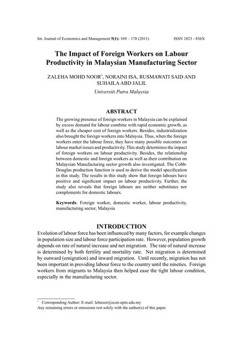 (2012) identify the negative impacts induced by foreign workers and strategies to minimize those impacts in the malaysian construction industry from a broader. (PDF) The Impact of Foreign Workers on Labour Productivity ...