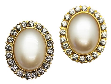Oval Faux Pearl Clip On Earrings With Stunning Rhinestone Diamonds