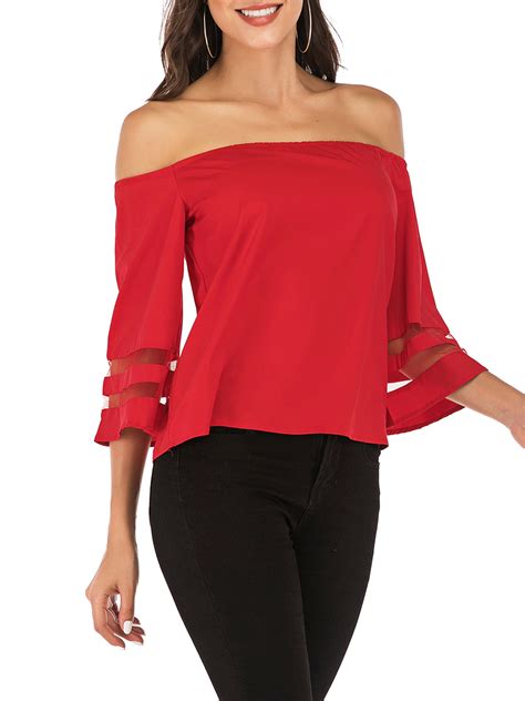 Sayfut Sexy Off Shoulder Tops For Women 34 Sleeve Elegant Shirts Cold Shoulder Blouses Red S