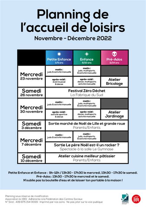 Planning De Laccueil De Loisirs Novembre Décembre 2022 Centre