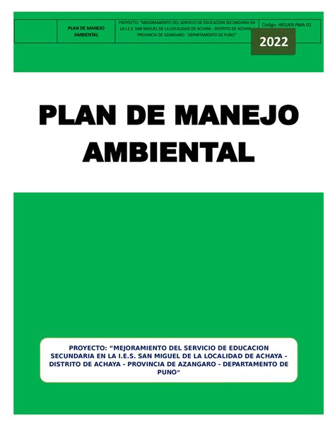 P M A Segundaria 2022 PLAN DE MANEJO AMBIENTAL PLAN DE MANEJO