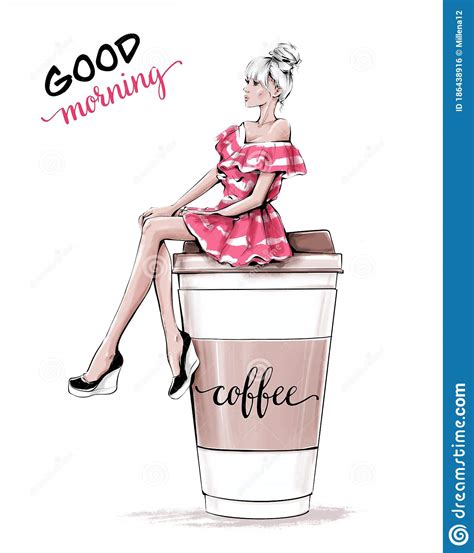 Hand Drawn Beautiful Young Woman Sitting On Large Plastic Coffee Cup Fashion Woman In Striped