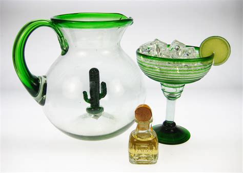 Libbey cancun entertaining set with 6 margarita glasses and pitcher. Handblown Mexican Pitcher green rim sagauaro cactus ...
