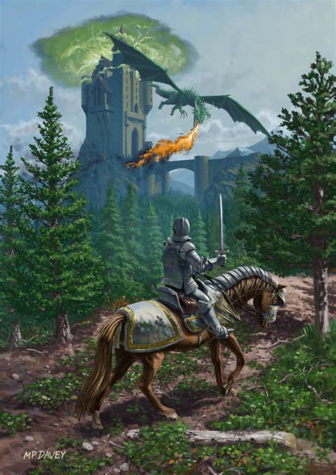 Knight On Horseback Approaching Dragon Guarded Castle Digital Art By