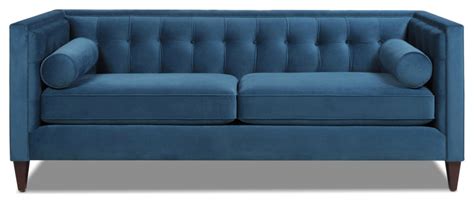 A blue sofa is a hot trend at the moment, for good reason. Velvet Tufted Tuxedo Sofa, Blue Teal With Bolster Pillows - Transitional - Sofas - by Jennifer ...