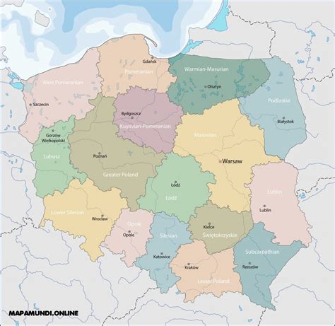 ⊛ Mapa De Polonia ·🥇 Político And Físico Imprimir Colorear Grande