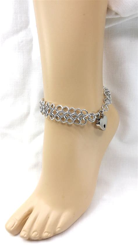 Locking Anklet Silver Heart Lock Ankle Bracelet Mature Etsy