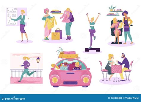 Woman Daily Life Girl Cartoon Character Everyday Routine People