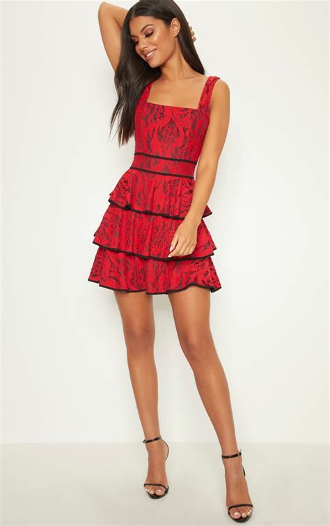 Red Lace Square Neck Contrast Trim Tiered Skater Dress