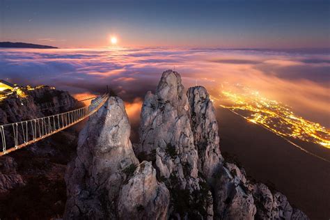 Moonlight Mountains Crimea Yalta Mist Night Cliff Cityscape