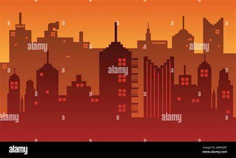 Illustration Of City Silhouette With Tall Buildings At Dusk Stock