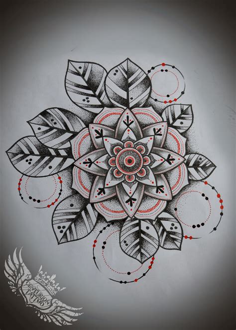 Mandala Dotwork Geometric Black And Red Tattoo Tatuaże Tatuaż