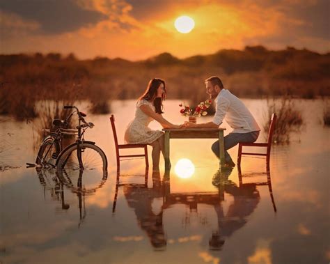 Romantic Lake Meeting Girl Boy Bike Chair Sunset