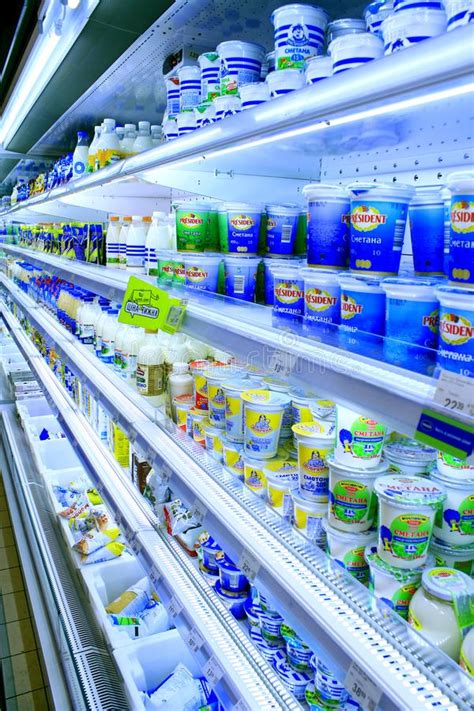Dairy Products Wide Choice Of Milky Goods Dairy Department In Supermarket Editorial Stock