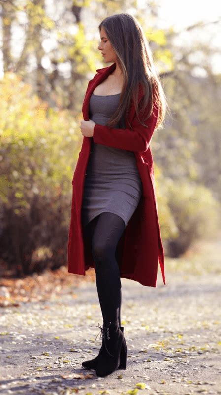 Red Long Coat Gray Dress Black Tights And Suede Boots Fashion Tights