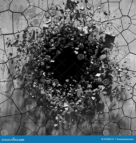 Explosion Hole In Concrete Cracked Wall Industrial Background Stock