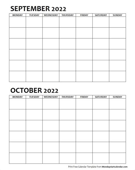 Two Month September October 2022 Calendar Blank