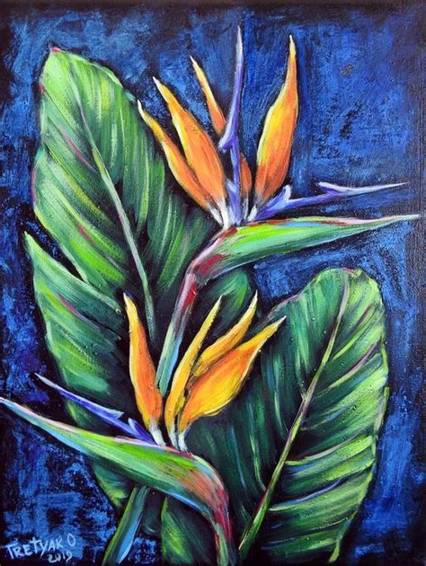 Strelitzia Bird Of Paradise Tropical Flower Original Acrylic Painting