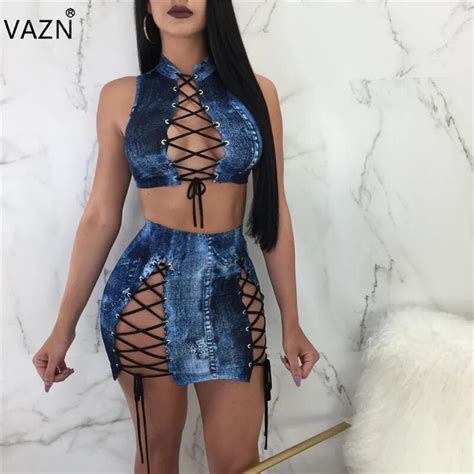 Vazn 2018 Fashion 2 Pieces Solid Blue Sexy Dress Women V Neck Sleeveless Mini Dress Ladies