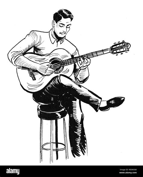 Young Man Sitting On A Stool And Playing An Acoustic Guitar Ink Black