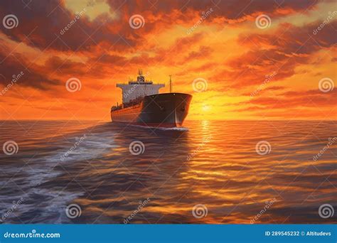 Large Cargo Ship Sailing In Open Sea During Sunset Stock Photo Image