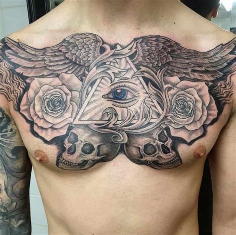 Skull And Rose Chest Tattoos