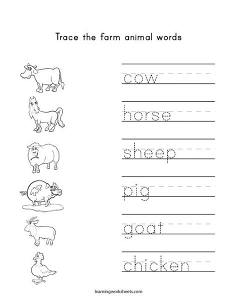 Trace The Farm Animal Words Learning Worksheets Farm Animals