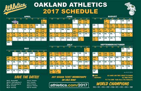 Oakland As Printable Schedule